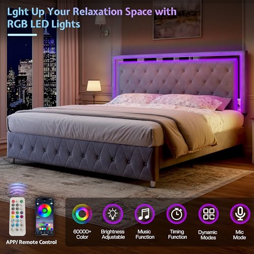 Jocisland Full Bed Frame with LED Lights Headboard&Footboard, Velvet Upholstered Full Size Platform Bed Frame No Box Spring Needed/Light Grey Jocisland