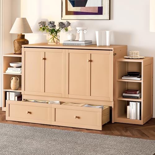 Ball & Cast Murphy Bed Full Size Bed Frame with Spacious Storage Drawers and Open Shelves,Wood Hideaway Beds w/No Box Spring Needed,Slat Support,for Apartment,Bedroom,can be Folded,Golden Ball & Cast