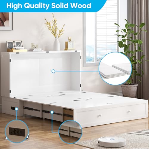Mjkone Murphy Bed Cabinet with Built-in 3 Charging Station and 2 Storage Drawers, Solid Wood Cabinet Beds Queen Size with Mattress, Cube Chest Beds for Guest Room (White-Murphy Bed B)