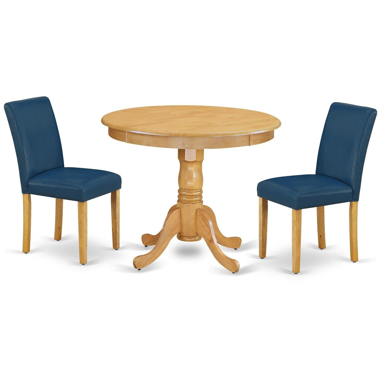 East West Furniture ANAB3-OAK-55 3 Piece Kitchen Table & Chairs Set Contains a Round Dining Room Table with Pedestal and 2 Oasis Blue Faux Leather Parsons Chairs, 36x36 Inch, Oak East West Furniture