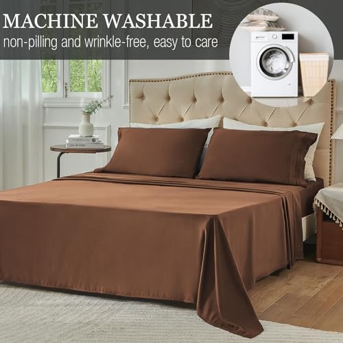 Yibeizi Twin Sheets Set, Brown Cooling Hypoallergenic Microfiber Single Bed Sheets, Soft Oeko-Tex Extra Deep Pocket Sheets & Pillowcases Wrinkle Free Bedsheets Yibeizi