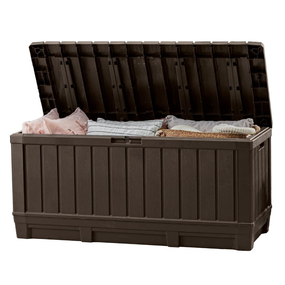 Keter Kentwood 92 Gallon Resin Deck Box-Organization and Storage for Patio Furniture Outdoor Cushions, Throw Pillows, Garden Tools and Pool Floats, Brown Keter