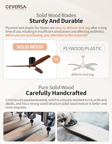 Ceversa 52 Inch Solid Wood Low Profile Ceiling Fan with Light and Remote Control,3 Blades Flush Mount Ceiling Fan Walnut Craftmade Easy Installation for Living Room Bedroom Farmhouse Indoor Ceversa