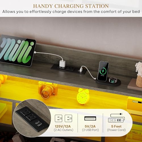 YITAHOME King Size Bed Frame with RGB LED Lights & Storage Bookcase Headboard, Upholstered Bed with Charging Station and 4 Drawers, No Box Spring Needed, Easy Assembly, Noise-Free, PU Leather Black YITAHOME