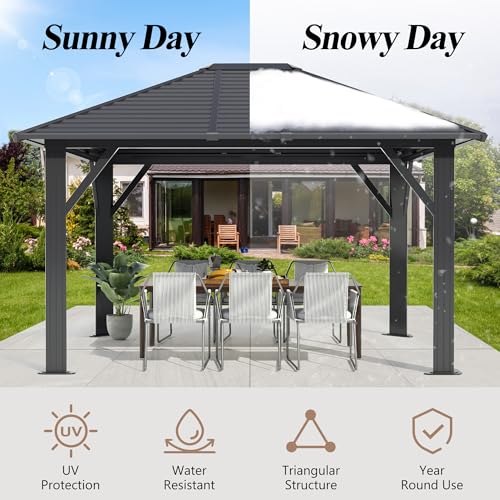GARTOO 10' x 12' Patio Hardtop Gazebo - Outdoor Metal Hard Top with Breathable Mesh, Galvanized Steel Top Gazebo for Garden, Lawn, Outdoor Party (Black) GARTOO