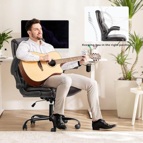 DUMOS Office Chair - Ergonomic Executive Computer Desk Chairs with Adjustable Flip-up Armrest, Swivel Task Chair with Lumbar Support, PU Leather, Brown DUMOS