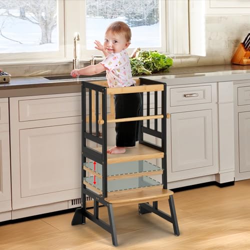 COSYLAND Toddler Standing Tower - Adjustable Height Toddler Kitchen Stool Helper - Kids Kitchen Step Stool for Learning with Removable Safety Railing Black&Natural COSYLAND