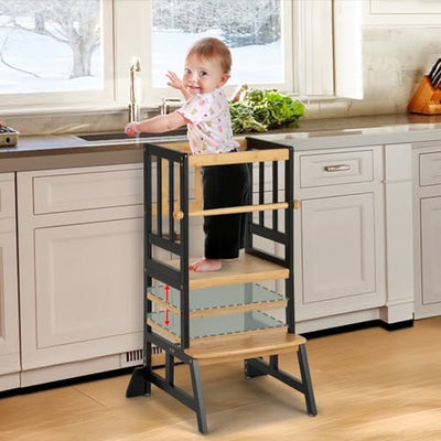 COSYLAND Toddler Standing Tower - Adjustable Height Toddler Kitchen Stool Helper - Kids Kitchen Step Stool for Learning with Removable Safety Railing Black&Natural