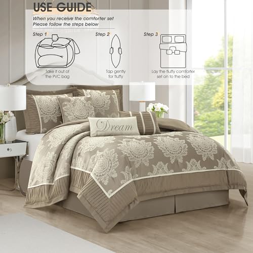 LANCO MODERN LIFESTYLE Beige King Size Comforter Set 7 Pieces, Jacquard Woven with Damask, Bedding Set in a Bag Includes Comforter, Bed Skirt, Pillow Shams, and Decorative Pillows LANCO MODERN LIFESTYLE