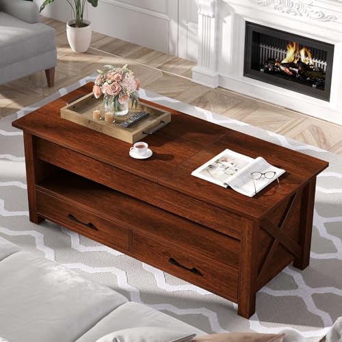 Seventable Coffee Table, 47.2" Lift Top Coffee Table with 2 Storage Drawers and Hidden Compartment, Farmhouse Center Table with Wooden Lift Tabletop, for Living Room,Espresso Seventable