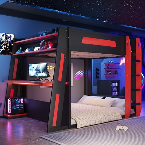 SOFTSEA Queen Size Gaming Bunk Bed with Desk, Storage Shelves, LED Lights & USB Ports, Wood Loft Bunk Bed with Desk and Ladder for Kids, Teens & Adults, Space-Saving, Black & Red SOFTSEA