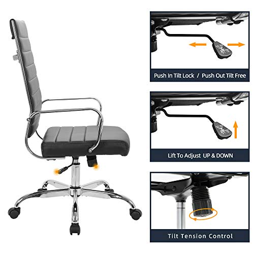 LANDSUN Home Office Chair Ribbed Leather High Back Executive Swivel Computer Desk Chairs with Wheels and Armrests Soft Padded Adjustable Height Modern Conference Task Black LANDSUN