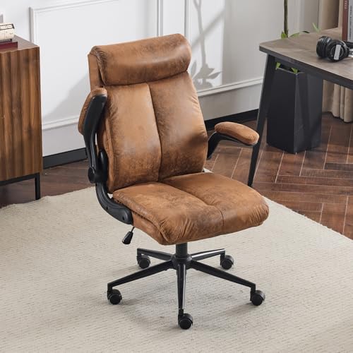 VINGLI Microfiber Brown Rolling Ergonomic Office Desk Chair with Padded Flip-up Arms, 360°Swivel High Back Executive Computer Chair with Wheels for Game,Home Small Space, Study Room, Reading Room VINGLI