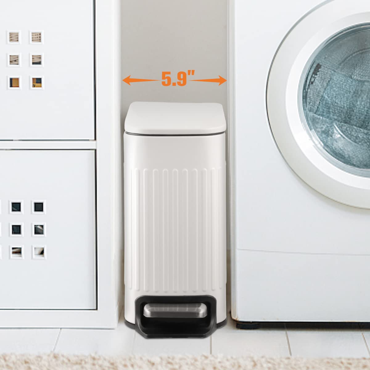 TrashAid Slim Bathroom Trash Can with Lid Soft Close, 6 Liter/1.6 Gallon Stainless Steel Small Garbage Can with Removable Inner Bucket, Step Pedal, Slim Wastebasket for Toilet, Office, Bedroom, White TrashAid