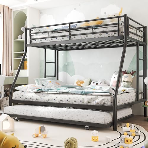Shintenchi Bunk Bed Twin Over Full Size with Trundle, Heavy-Duty Twin&Full Frame with Full-Length Guardrail and Two Ladders, Triple for Kids, Teens and Adults, Space-Saving, Black Shintenchi