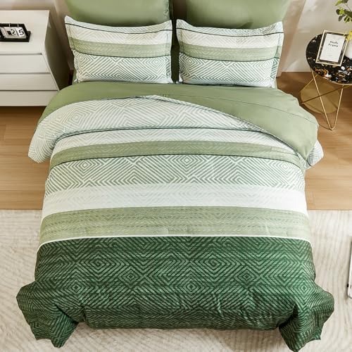 Drucon Christmas Olive Green Striped Comforter Set Queen Size 7 Pieces Reversible Bedding Set, Boho Bed in a Bag, Soft Microfiber Comforter and Sheet Set for All Season Drucon