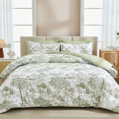DJY Full Size Comforter Sets, Sage Green 7 Pieces Bed in a Bag Full Botanical Comforters with Sheets Elegant Plants Print Soft Microfiber Reversible Complete Bedding Sets for All Season DJY