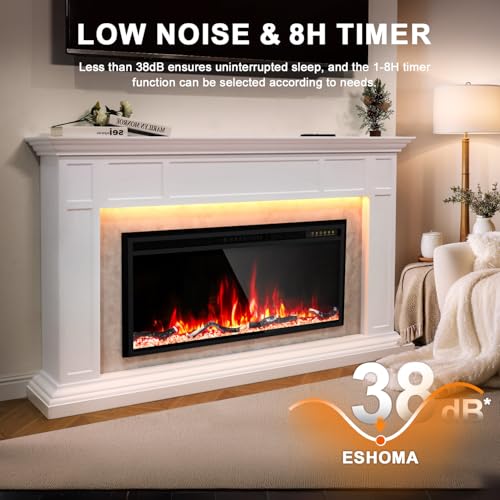 Electric Fireplace Mantel with Grey Marble Finish, 69” Fireplace TV Stand with 42”Electric Fireplace Heater, Remote Control, Adjustable Led Flame, Corner Fireplace for Living Room, Bedroom, White Eshoma