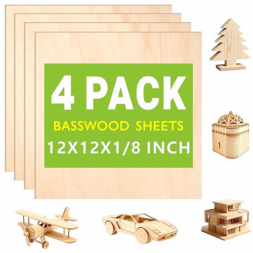 Baccraniate 4 Pack Basswood Sheets 1/8",12"x12" Basswood for Laser Cutting with Smooth Surface,for Laser Cutting,Engraving,Burning,DIY Models,Burning,Painting Baccraniate