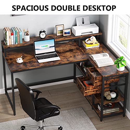 Tribesigns Rustic L Shaped Desk with Drawers and Shelves for Home Office Tribesigns
