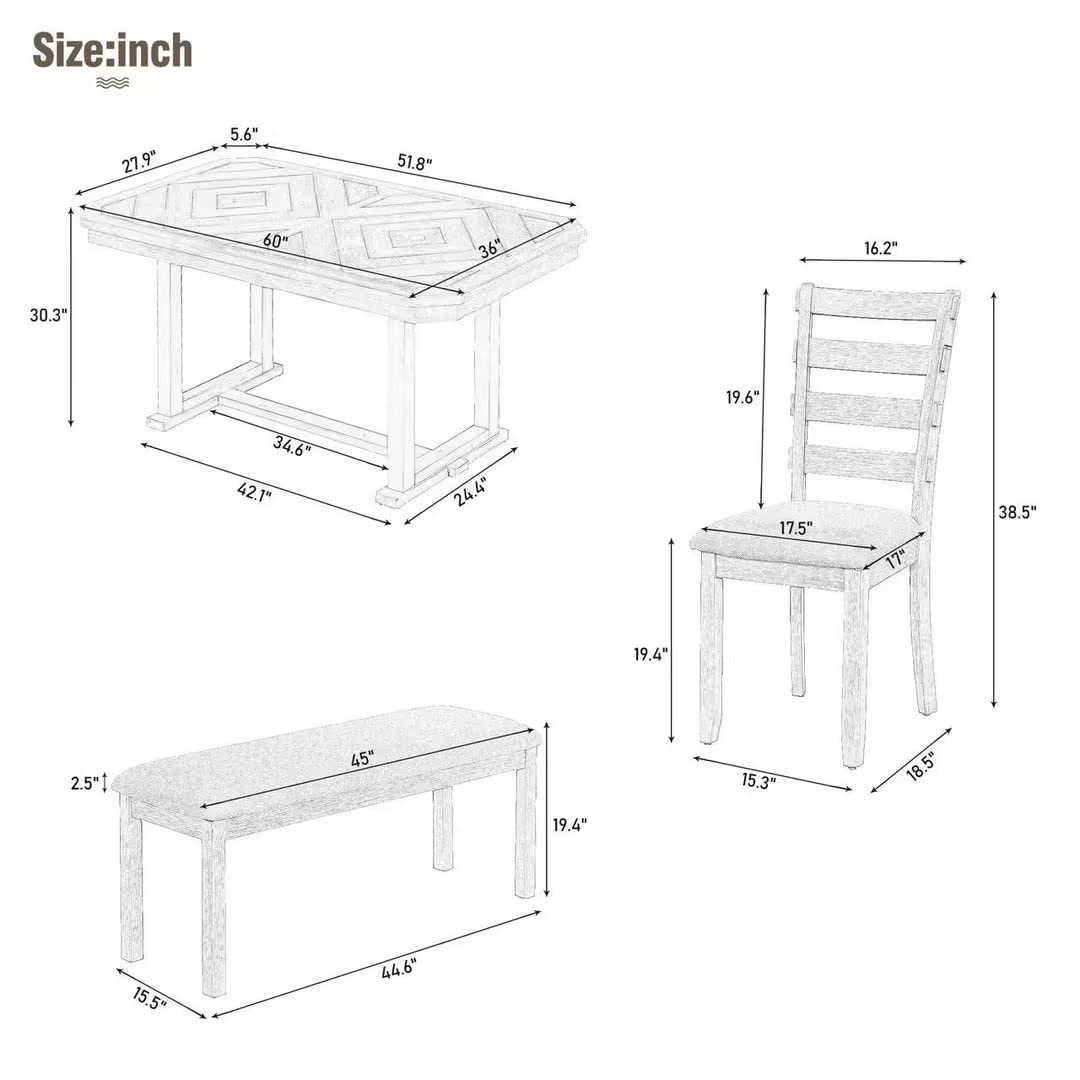LUMISOL 6-Piece Farmhouse Dining Table Set, Solid Wood Kitchen Table Set with 4 Upholstered Chairs and Bench for Kitchen, Dining Room, Small Space, Natural LUMISOL