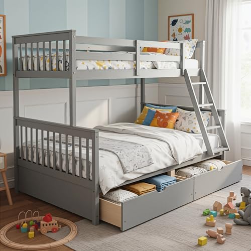Merax Wood Bunk Bed with Drawers,Convertible Wood Bunk Bed with Ladders and Two Storage Drawers,Solid Wood Detachable Bed Frame with Ladders,Twin Over Full Size,Grey Merax