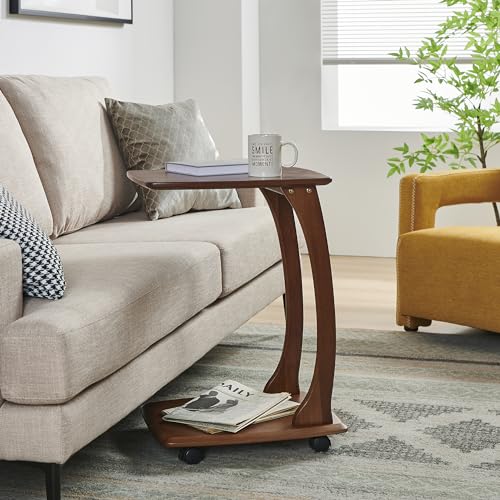 COZYMATIC Emerson Solid Wood End Table with Rolling Wheels, C Shaped Side Table, TV Tray Table, Couch Table That Slide Under for Small Space, Living Room, Bedroom (Walnut)-Small COZYMATIC