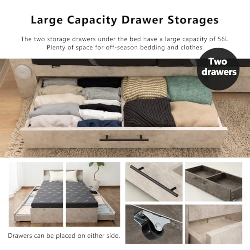 EMOOR Wood Slatted Bed Frame with Storage Drawers HEIM Twin (Stone-Gray), Headboard Outlets USB Port LED Motion-Sensor Light for Japanese Futon Mattress EMOOR
