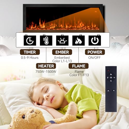 Tuan 50 Inch Linear Electric Fireplace, with Smart App Control, Wall Mount or in-Wall Recessed Fireplace Insert, 9 Hour Timer, 13 Color Changing Flames & Embers,750W/1500W Indoor Heater TUAN