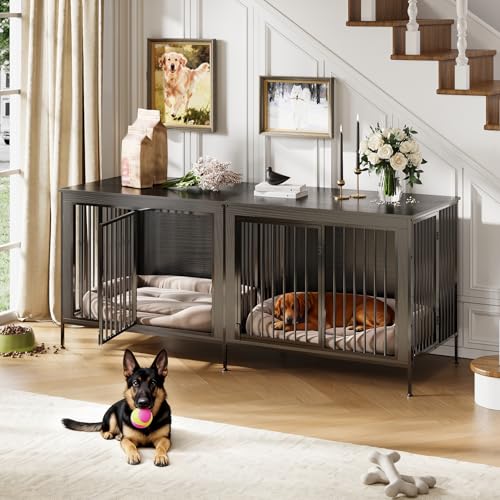 79โโ Double Dog Crate Furniture, Large Dog Kennel Indoor, Heavy Duty Double Dog Crates for Medium/Large Dogs, Dog Kennel Furniture Indoor As TV Stand, Rustic Black GAOMON