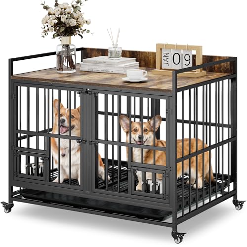 YITAHOME 37.5'' Heavy Duty Dog Crate with Removable Divider, Double Doors & Locks Design, Furniture Style Large Dog Crate with 360° Rotatable Dog Bowls & 360° Wheels & 2 Trays for Small/Medium Dog YITAHOME