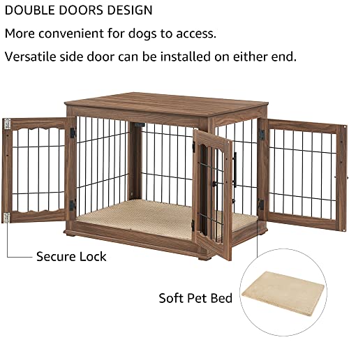 beeNbkks Furniture Style Dog Crate End Table, Double Doors Wooden Wire Dog Kennel with Pet Bed, Decorative Pet Crate Dog House Indoor Medium Large beeNbkks