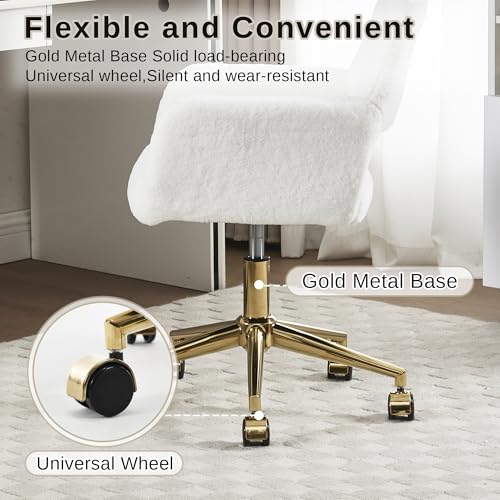 HENGJIANYI Faux Fur Swivel Desk Chair, Modern Fluffy Makeup Vanity Chair, Height Adjustable Armchair with Gold Base, Ergonomic Office Chair with Hollowed Back, White HENGJIANYI