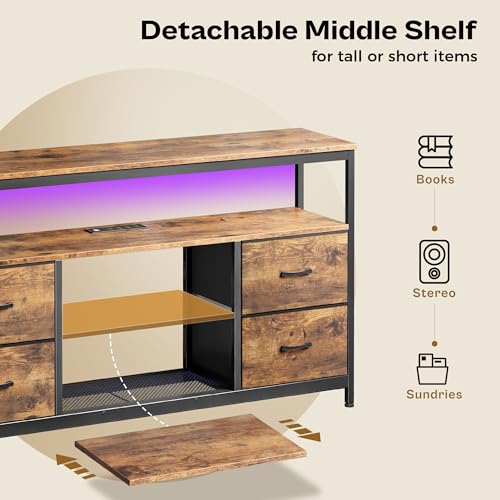 Huuger TV Stand Dresser with Power Outlets and LED Lights, 4 Drawers Entertainment Center with Shelves, 54 Inch Media Console for 55 60 Inch TV, 4 AC Outlets, 2 USBs, Rustic Brown Huuger