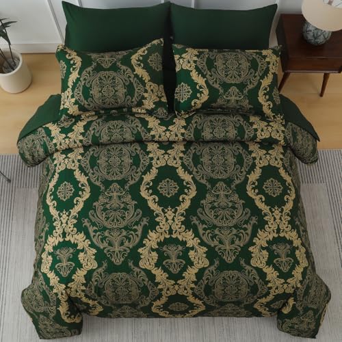 WONGS BEDDING Green Damask King Size Comforter Set, 7 Piece Texture Microfiber Comforter Bedding Set for All Season, Bed in a Bag with Comforter, Flat Sheet, Fitted Sheet, Pillowcases & Shams WONGS BEDDING