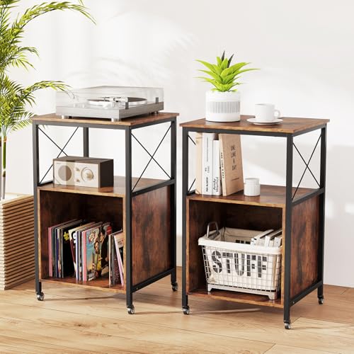 LOKO 3-Tier Rolling Record Player Stand, Mobile Turntable Stand with Power Outlet, Open Shelf & Dividers, Metal Frame, Industrial Vinyl Record Storage Table on Wheels for Living Room, Bedroom LOKO