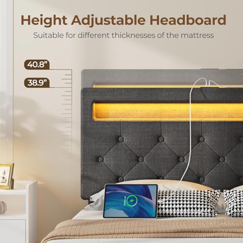 Rolanstar Full Size Bed Frame with Charging Station, LED Bed with Under Bed Storage, Adjustable Headboard 38.9/40.8 Inches, No Box Spring Needed, Noise Free, Easy Assembly, Grey Rolanstar