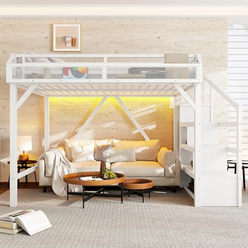 Bellemave Metal Full Size Loft Bed with Stairs and Wardrobe,Heavy Duty Loft Bed Frame with LED Lights and Charging Station for for Kids,Teens,Adults,White Bellemave