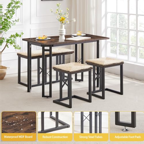 VECELO 43.3" Dining Table Sets, Farmhouse Small Kitchen Table for 4 with 3 Benches Wicker Mats,Metal Frame Space-Saving Adjustable Feets Coffee Table for Home Kitchen Dining, Dark Brown VECELO