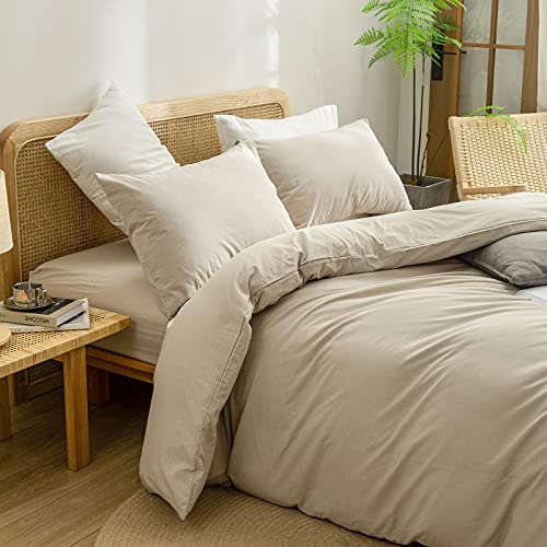 BESTOUCH Duvet Cover Set 100% Washed Cotton Linen Feel Super Soft Comfortable Chic Lightweight 2 PCs Home Bedding Set Solid Almond Milk Grey Twin/Twin XL BESTOUCH