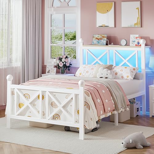 DynJest Twin White Bed Frame with Headboard and Footboard, Storage Shelf with LED Lights and Charging Station, Strong Metal Slats Support, No Box Spring Needed, Under Bed Storage, Easy Assembly DynJest