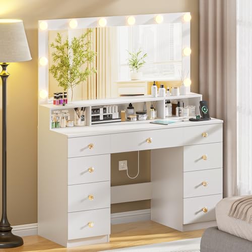 DDONGMM White Vanity with Lighted Mirror, Makeup Vanity Desk with Power Outlet, 9 Drawers & Shelf Storage, 43.3” Large Vanity Desk, Women Girls Vanity Dressing Table for Bedroom Bathroom DDONGMM