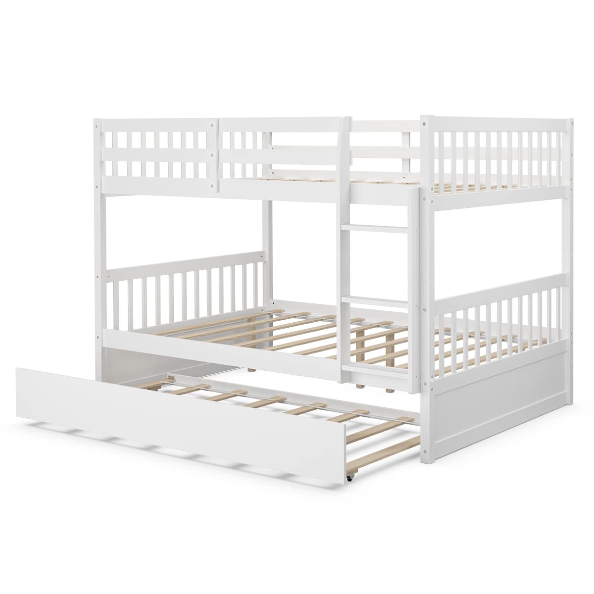 KOMFOTT Wood Full Over Full Bunk Bed with Trundle, Bunk Bed Frame with Ladder, Solid Wood Frame & Safety Guardrails, Space-Saving Bunk Bed for Teens & Adults, No Box Spring Needed KOMFOTT