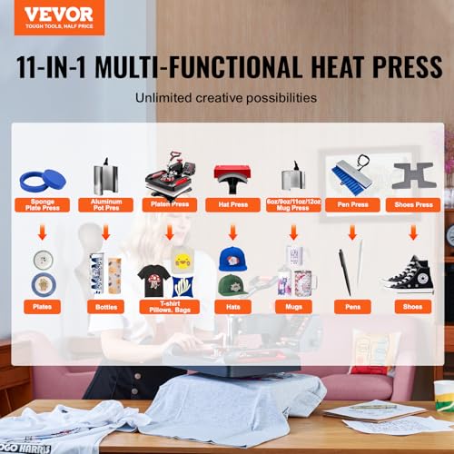 VEVOR 11 in 1 Heat Press, 12 x 15 Inch, Multifunctional Clamshell Printer, Digital Dual-Tube Heat Press Transfer Machine, Swing Away Sublimation Machine for T-Shirt Hat Cap Mug Plate Pen Shoes Black VEVOR