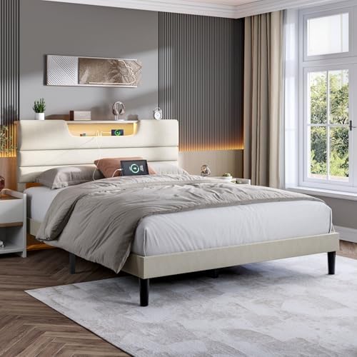 OURPIC Queen Size Bed Frames with Upholstered Headboard, Modern Platform Bed with Charging Station and Led Lights, Bed Frame with Sturdy Wooden Slats/No Box Spring Needed/2-Tier Storage, Beige OURPIC