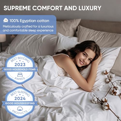TWK 1200 TC 100% Egyptian Long-Staple Cotton Bedding Sheets Set, Luxury Hotel Style Deep Pocket with Elastic Reinforced Seams Sheet Set, Soft & Comfy Natural Sheets (White, King) TWK