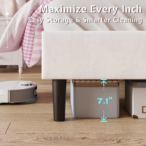 Jocisland Twin Bed Frame for Girls with Adjustable Cloud Headboard, Velvet Upholstered & RGB Lights, 7.1" Underbed Storage, No Box Spring Needed, Cream Jocisland