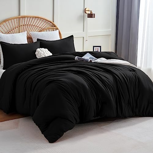 CozyLux Comforter Full Size Set Black, 3 Pieces Solid Lightweight Soft Bed Set for All Season, Luxury Breathable Quilted Style Microfiber Down Alternative Bedding Sets (1 Comforter & 2 Pillowcases) CozyLux