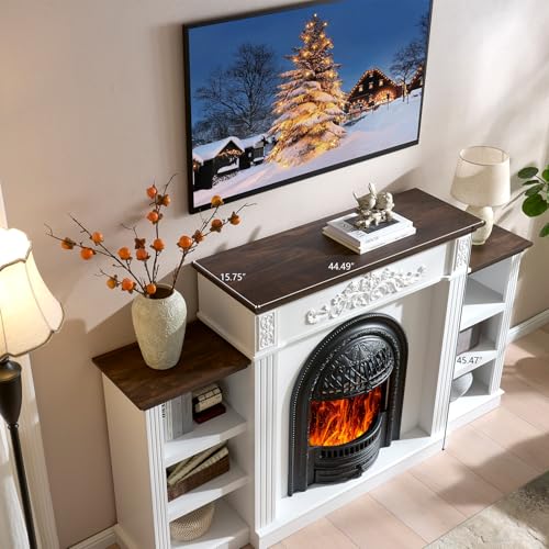 78" Birdcage-Style Electric Fireplace with Mantel, 46" Tall Fireplace TV Stand for 90" TV, Farmhouse Entertainment Center with Storage & Replaceable Insert Heater for Living Room, White+Walnut SOOWERY