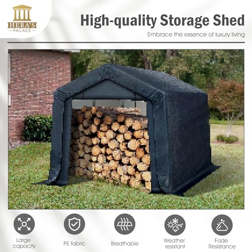 HERA'S PALACE 8x12ft Heavy Duty Carport Motorcycle Storage Shed Small Outdoor Anti-Snow Portable Canopy Shelter with 2 Doors Garage Tent for Garden Tools Bike HERA'S PALACE